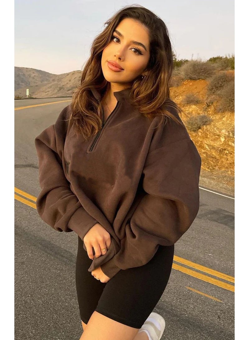 NIBEMINENT Women Sweatshirts Turn Down Collar Zipper Pullovers Long Sleeve Spliced Thick Warm Sweatshirt Outwear Autumn Winter - Image 3