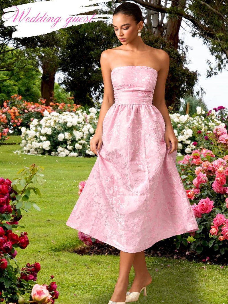 ShawGobow Strapless Corset Dress,Jacquard Formal Midi Dresses for Women,Wedding Guest Cocktail Party Outfits Pink Small - Image 3