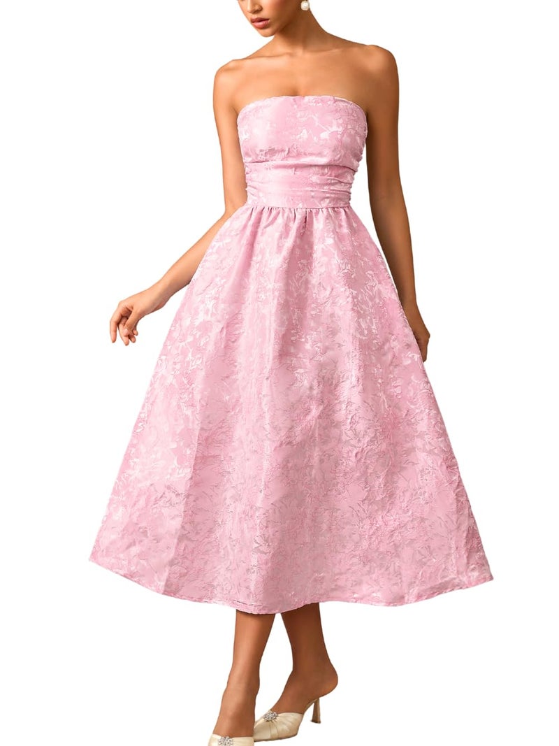 ShawGobow Strapless Corset Dress,Jacquard Formal Midi Dresses for Women,Wedding Guest Cocktail Party Outfits Pink Small - Image 1
