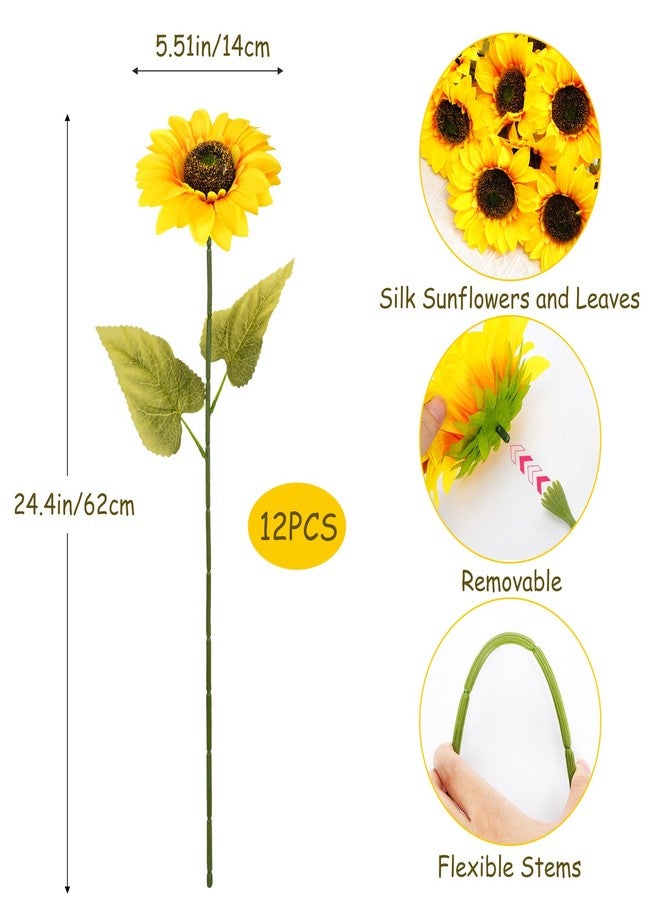 VirtuGro 24.4" Sunflowers Artificial Flowers 12Pcs Fake Sunflowers Bulk Realistic Silk Sunflower Bouquet with Long Stems for Wedding Arrangement Table Centerpieces Outdoor Indoor Grave Fall Decor - Image 2