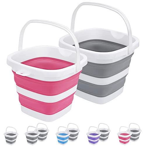 Craftend 2 Pack Collapsible Buckets 5L 13Gallon Small Cleaning Bucket for Household Portable Plastic Bucket Outdoor Car Washing Tub Foldable Camping Beach Sand Water Pot Pail Space Saving Square Grey and Pink - Image 2