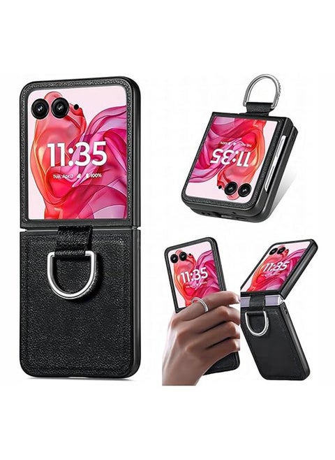 Compatible with Motorola Razr 50 Ultra 5G Case Luxury Lychee Texture Leather Hybrid PC Hard Shockproof Protective Cover with Ring Holder for Moto Razr 50 Ultra (Black)