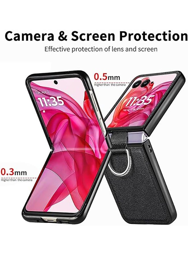 متوافق مع موتورولا رازر 50 الترا 5G حالة الهاتف المحمول الفاخرة ليتشي الملمس والجلود المختلطة PC الصلب واقية من الصدمات كم ، مع موتو رازر 50 الترا - خاتم حامل ( أسود ) - Image 2