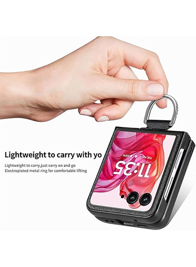 متوافق مع موتورولا رازر 50 الترا 5G حالة الهاتف المحمول الفاخرة ليتشي الملمس والجلود المختلطة PC الصلب واقية من الصدمات كم ، مع موتو رازر 50 الترا - خاتم حامل ( أسود ) - Image 3