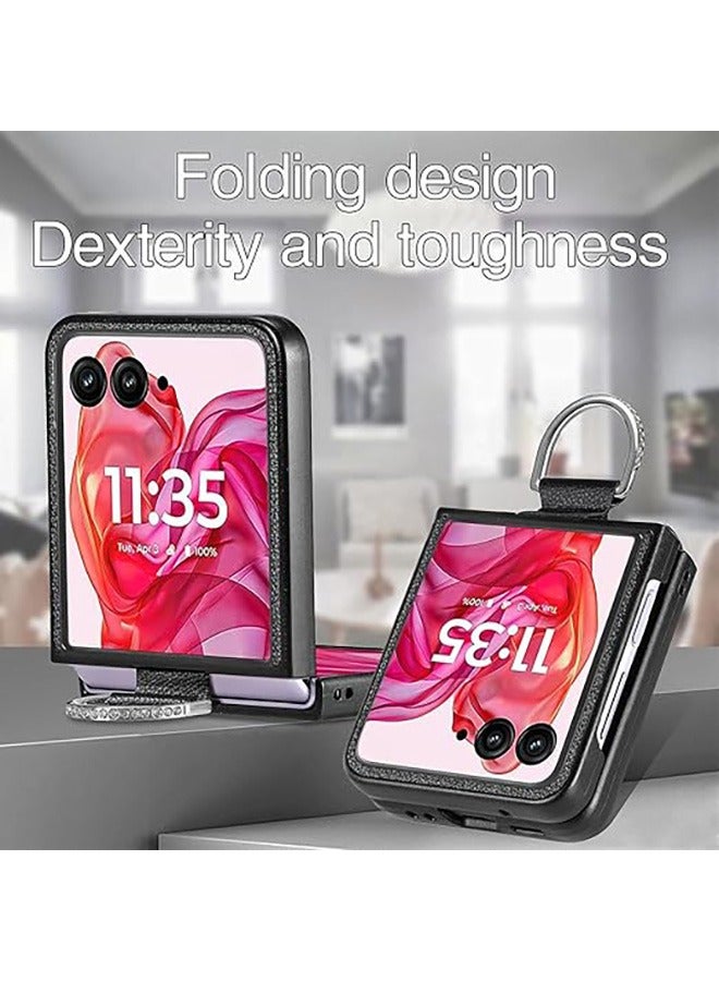 متوافق مع موتورولا رازر 50 الترا 5G حالة الهاتف المحمول الفاخرة ليتشي الملمس والجلود المختلطة PC الصلب واقية من الصدمات كم ، مع موتو رازر 50 الترا - خاتم حامل ( أسود ) - Image 4