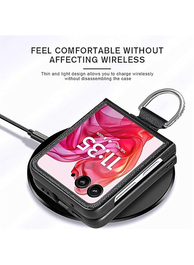 متوافق مع موتورولا رازر 50 الترا 5G حالة الهاتف المحمول الفاخرة ليتشي الملمس والجلود المختلطة PC الصلب واقية من الصدمات كم ، مع موتو رازر 50 الترا - خاتم حامل ( أسود ) - Image 5