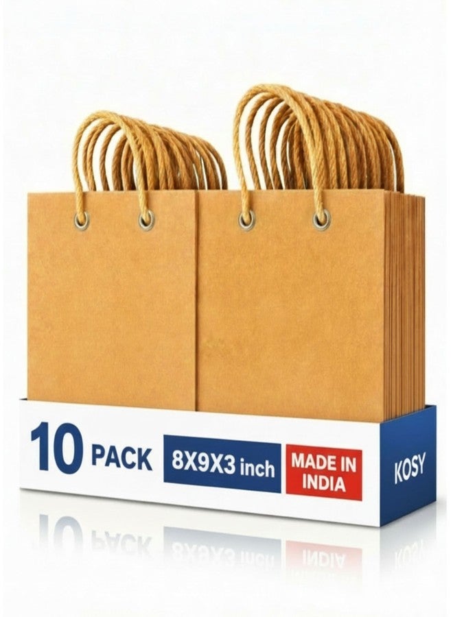KOSY Brown Paper Bags Small Size 8x9x3 Inch Pack of 10 Kraft Paper Carry Bags with Strong Rope Handles Eco Friendly Gift Bags for Shopping Parties Return Gifts Jewelry Boutiques Retail Packaging - Image 1