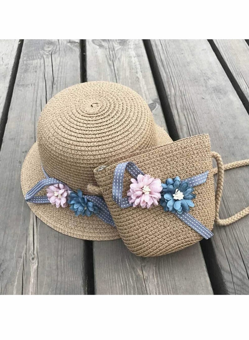 Excefore Straw Hats Girls Kids Sun Hats Summer Beach Hats Straw Wide Brim Flower Sun Floppy Hats Beanie Cap with Woven Pocket for Outdoor Tea Party Gift, Khaki - Image 4