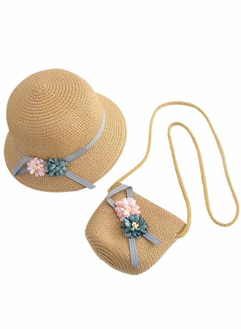 Excefore Straw Hats Girls Kids Sun Hats Summer Beach Hats Straw Wide Brim Flower Sun Floppy Hats Beanie Cap with Woven Pocket for Outdoor Tea Party Gift, Khaki - Image 1