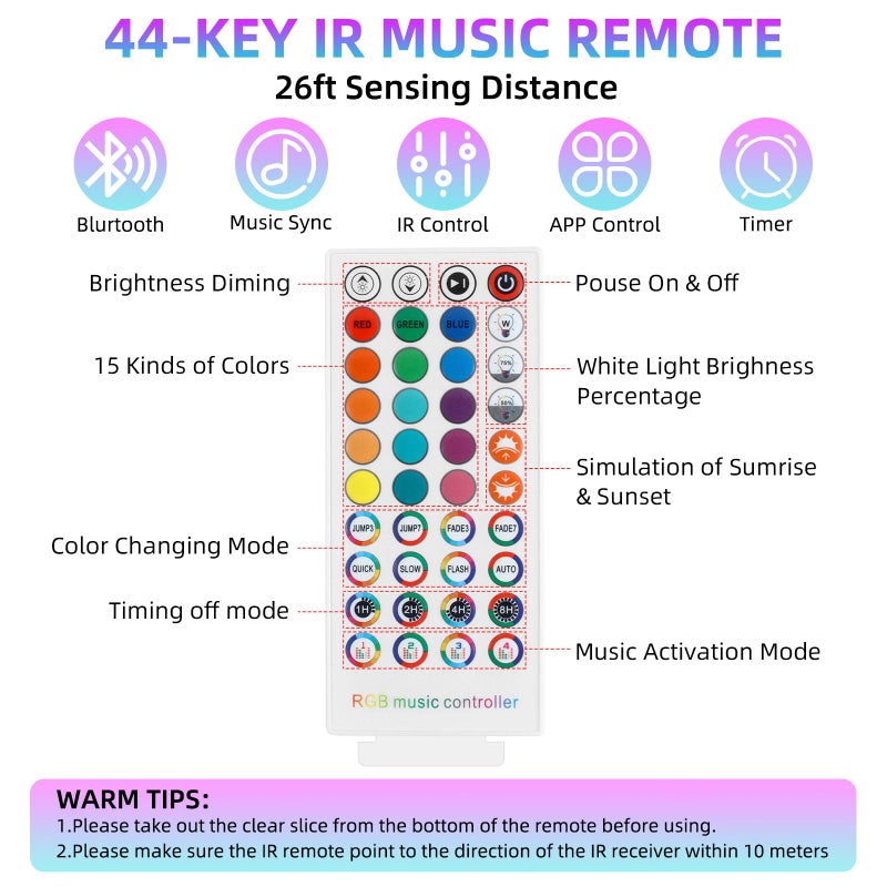 RGBZONE Bluetooth RGB LED Controller, 4-PIN Smart Music LED Strip Lights Controller, 40-Keys IR Remote Control for 5V/12V/24V SMD 5050 3528 RGB LED Strip Lights - Image 2