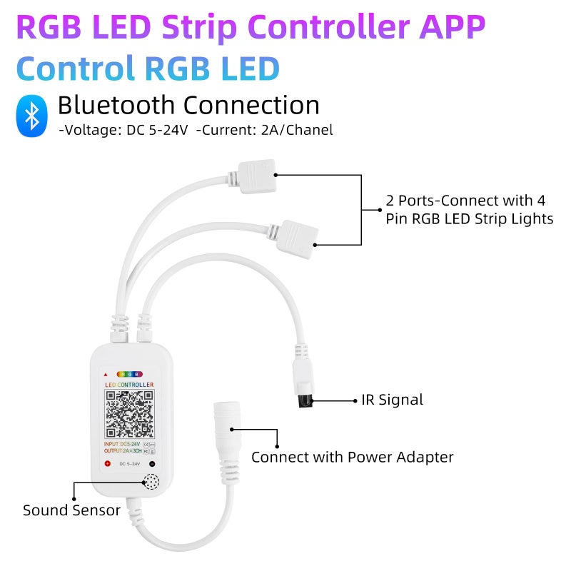 RGBZONE Bluetooth RGB LED Controller, 4-PIN Smart Music LED Strip Lights Controller, 40-Keys IR Remote Control for 5V/12V/24V SMD 5050 3528 RGB LED Strip Lights - Image 3