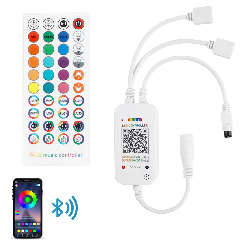 RGBZONE Bluetooth RGB LED Controller, 4-PIN Smart Music LED Strip Lights Controller, 40-Keys IR Remote Control for 5V/12V/24V SMD 5050 3528 RGB LED Strip Lights - Image 1