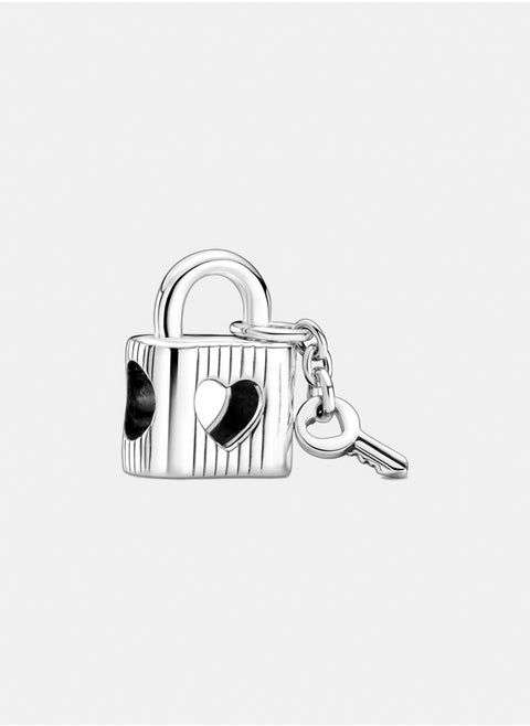 Love padlock and key sterling silver charm with black enamel