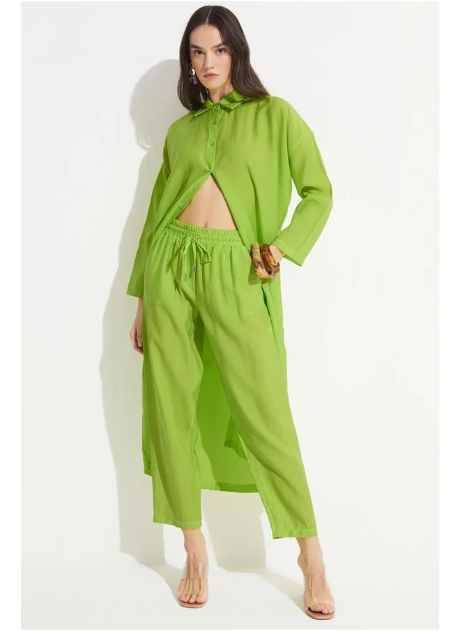 جون June Women Exclusive Elastic Waist Modal Blend Jogger Woven Trouser Light Green