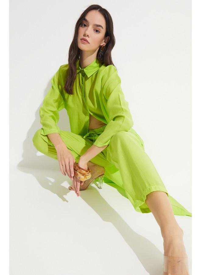 JUNE Women Exclusive Elastic Waist Modal Blend Jogger Woven Trouser Light Green - Image 5