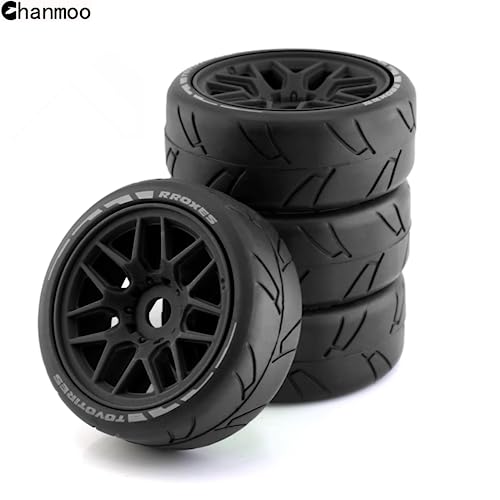 Chanmoo 1/8 RC On Road Car Tires and Wheels Rims 17mm Hex 103mm Rubber Rally Tyres for 1:8 Scale RC On-Road Racing Car HPI WR8 HSP Hobao ARRMA Redcat Losi Kyosho VRX RC Rally Drift Car 4PCS (Black) - Image 4