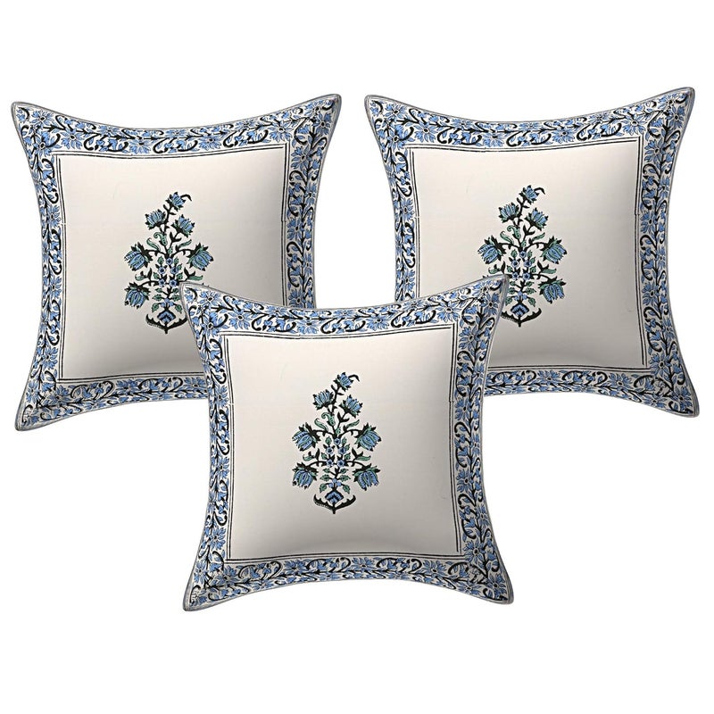 Texstylers Pure Cotton Canvas Jaipuri Hand Block Print Cushion Cover Suitable for Bed RoomLiving RoomSofa Couch Blue White 16x16 Inch 3 Pcs
