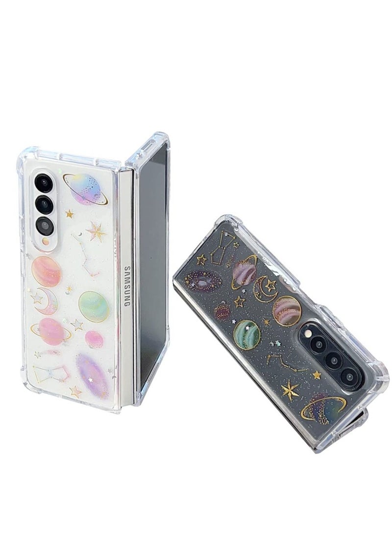 Excefore For Samsung Z Fold 5 5G Case Space Theme Clear with Design Bling Glitter Sparkly Stars and Moon Planet Durable Shockproof Transparent Universe Phone Protective Cover Women Girls Z5 Fold - Image 1