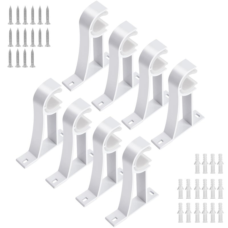 KOLAKO KOLAKO Curtain Rod Brackets 8pcs White Heavy Duty Curtain Rod Holder Wall Mount 1in Rod Aluminum Frame 