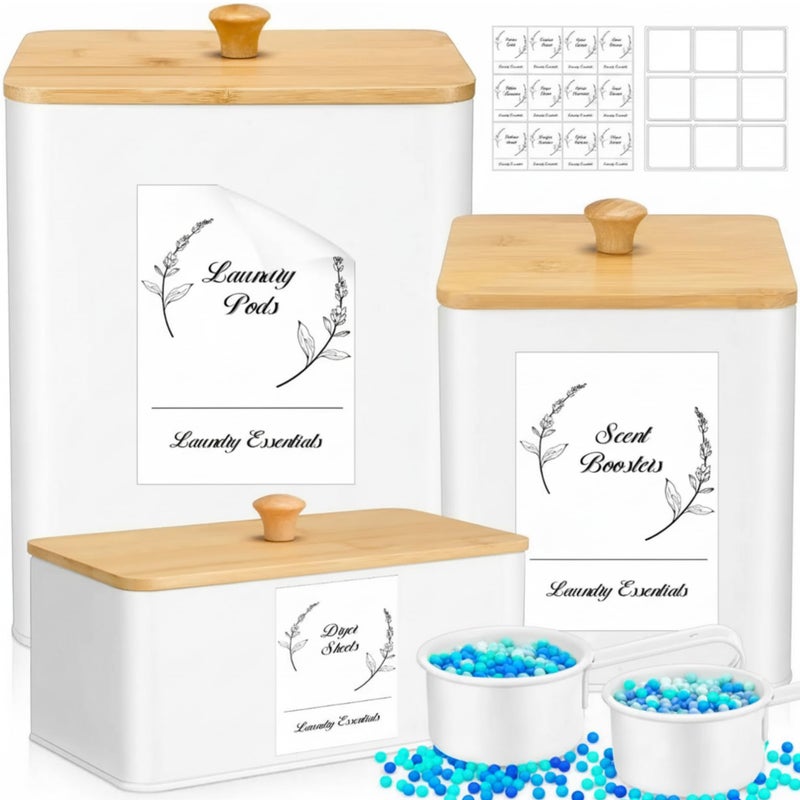 Vesici 3 Pcs Metal Laundry Pod Container 2 Pcs Scoops Dryer Sheet Holder Laundry Room Organizer Storage Jar with Airtight Wood Lid Label for Powder Detergent Dispenser Dryer Ball Bead Room Decor - Image 1