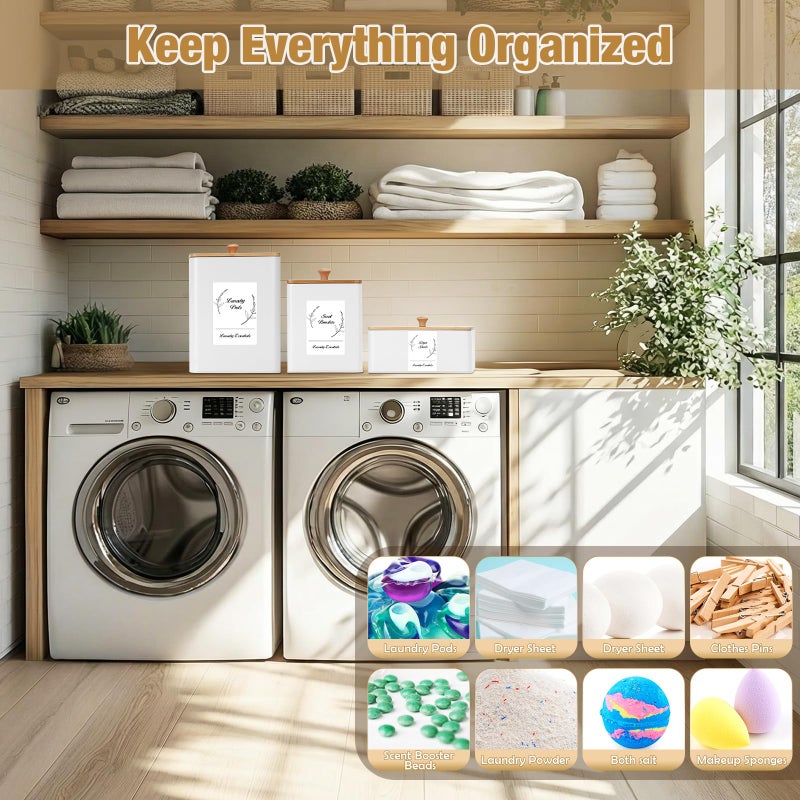 Vesici 3 Pcs Metal Laundry Pod Container 2 Pcs Scoops Dryer Sheet Holder Laundry Room Organizer Storage Jar with Airtight Wood Lid Label for Powder Detergent Dispenser Dryer Ball Bead Room Decor - Image 4