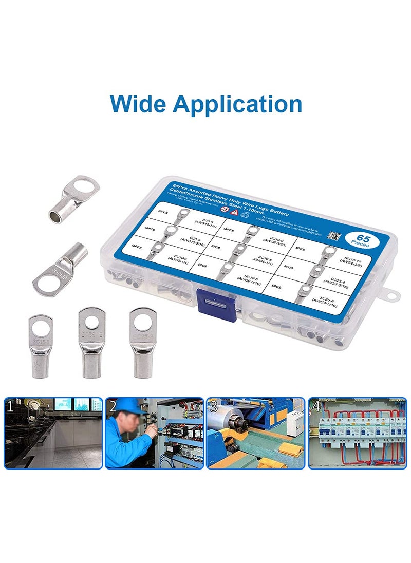 Mmobiel MMOBIEL 65PCS Assortment Battery Cable Ends Heavy Duty Wire Lugs AWG Bolt Hole Tinned Copper Connector SetWire Cable lugs Ring Battery SC Terminals Set Marine Grade ColdPressed Crimp Type  - Image 4