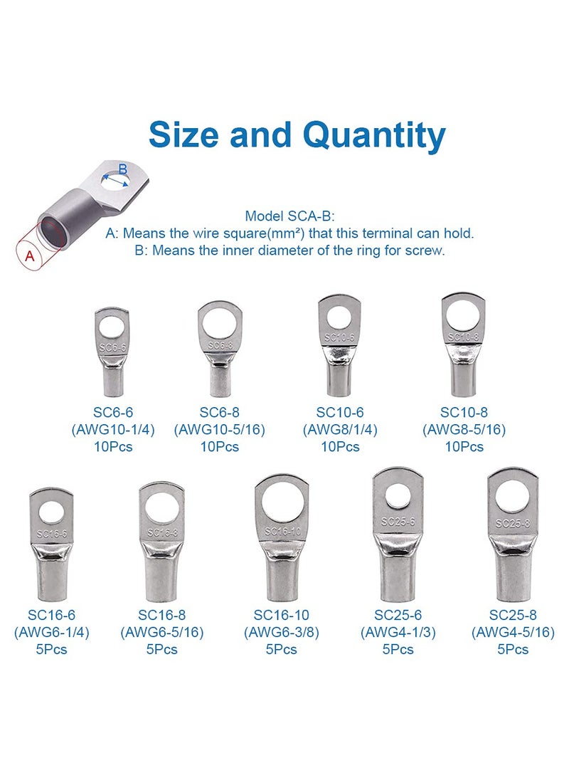 Mmobiel MMOBIEL 65PCS Assortment Battery Cable Ends Heavy Duty Wire Lugs AWG Bolt Hole Tinned Copper Connector SetWire Cable lugs Ring Battery SC Terminals Set Marine Grade ColdPressed Crimp Type  - Image 2