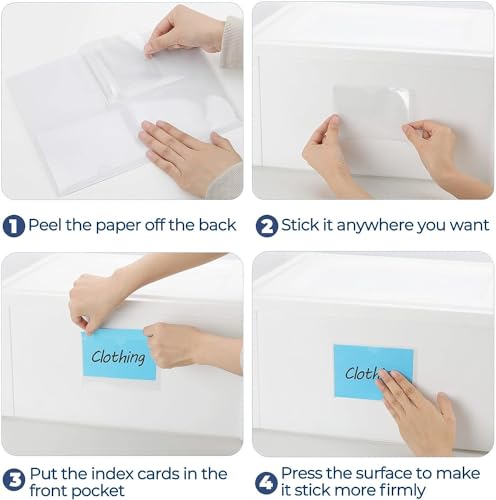 MaxGear 3x5 Index Card Pockets, 24 Pack Self Adhesive Library Card Pocket with Top Open Loading, Plastic Label Holders for Storage Bins, Clear Label Sleeves, Removable Tote Label Sticker Easy Peel Off - Image 5