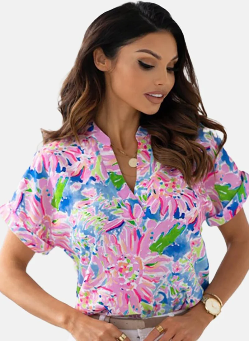 YUNIQEE Pink Printed Short Sleeve V Neck Tunics