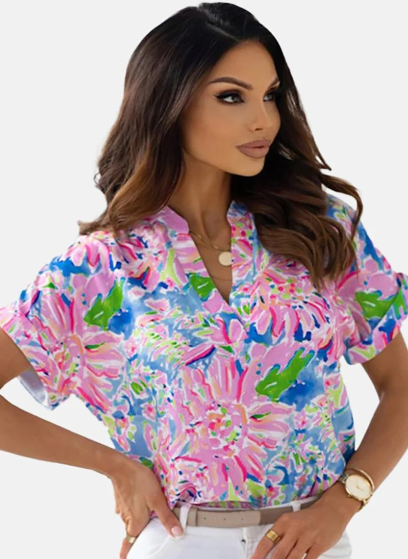 YUNIQEE Pink Printed Short Sleeve V Neck Tunics