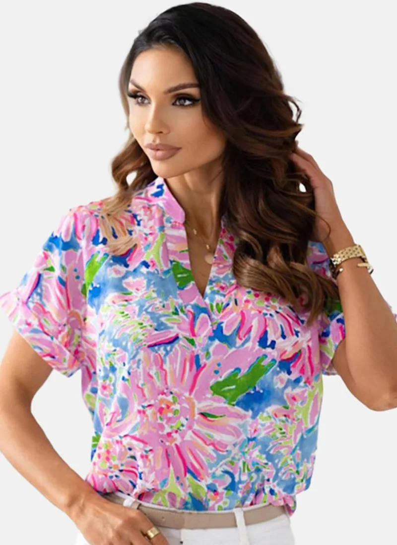 YUNIQEE Pink Printed Short Sleeve V Neck Tunics