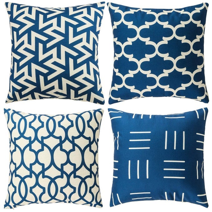 SET OF 4 DECORATIVE GEOMETRIC 18 X 18 INCHES THROW PILLOW COVERS MODERN PATTERN LINEN SQUARE PILLOW CUSHION CASE FOR SOFA COUCH BED HOME OUTDOOR CAR 18 X 18 BLUEBEIGE