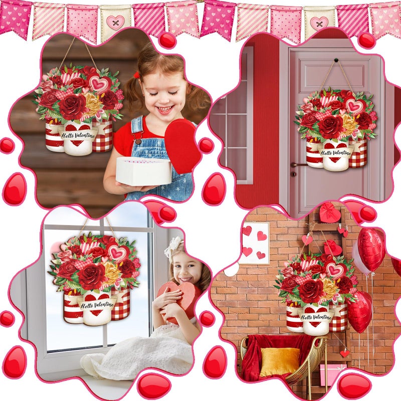 Menkxi Happy Valentine's Day Decoration for Front Door Wooden Valentines Door Hanger Red Pink Rose Wreath Sign Mason Jars Heart Wall Decor Valentines Wreath for Front Porch Home Outdoor Window Wall - Image 2