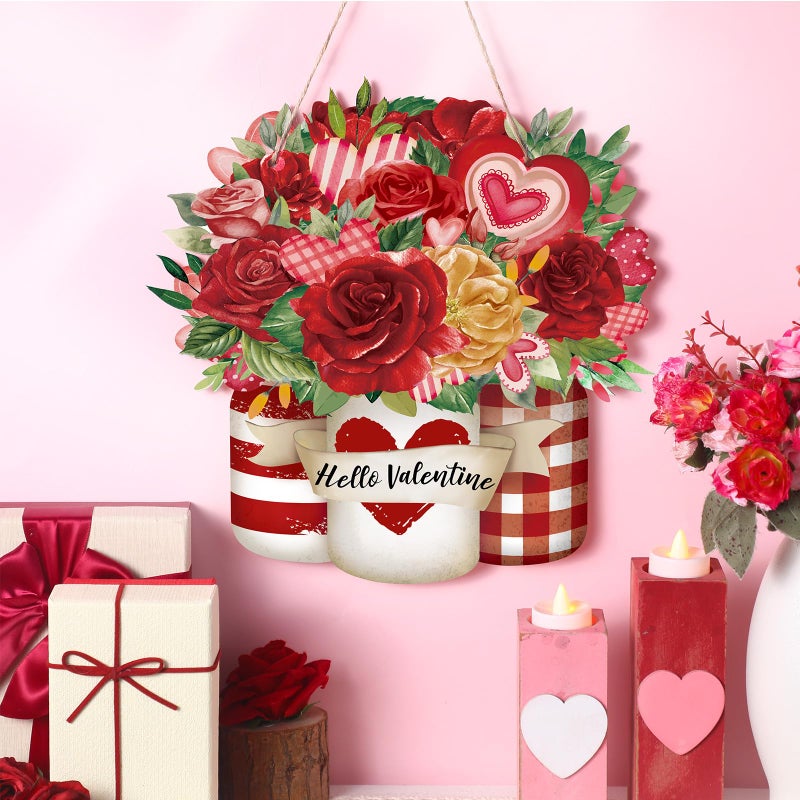 Menkxi Happy Valentine's Day Decoration for Front Door Wooden Valentines Door Hanger Red Pink Rose Wreath Sign Mason Jars Heart Wall Decor Valentines Wreath for Front Porch Home Outdoor Window Wall - Image 4