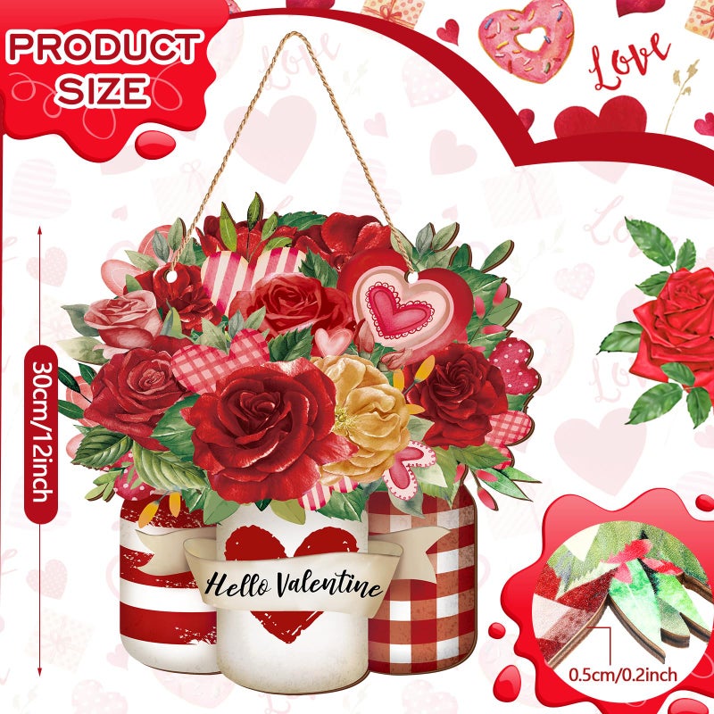 Menkxi Happy Valentine's Day Decoration for Front Door Wooden Valentines Door Hanger Red Pink Rose Wreath Sign Mason Jars Heart Wall Decor Valentines Wreath for Front Porch Home Outdoor Window Wall - Image 3