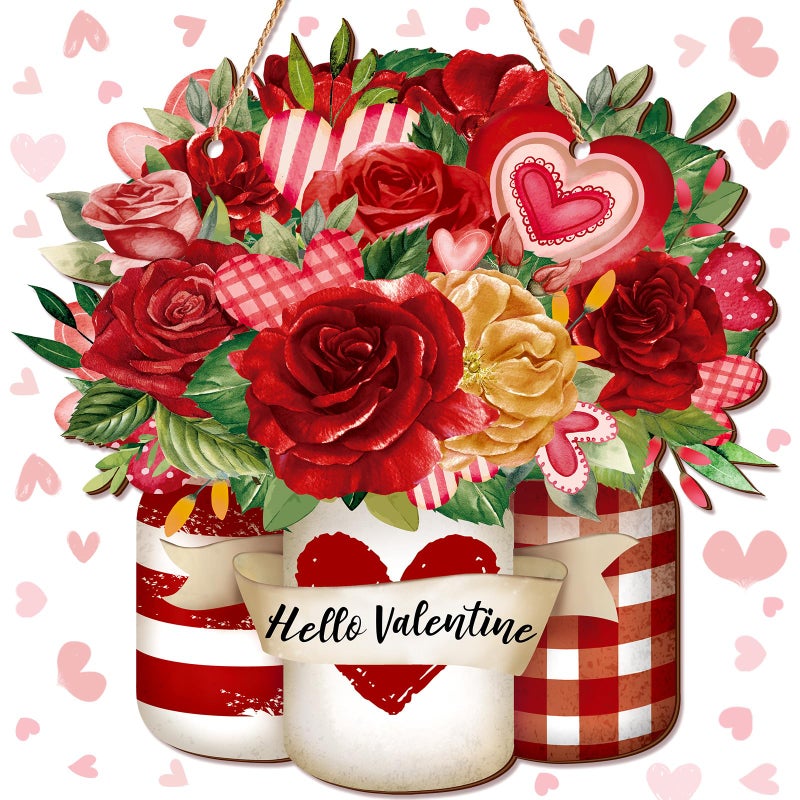 Menkxi Happy Valentine's Day Decoration for Front Door Wooden Valentines Door Hanger Red Pink Rose Wreath Sign Mason Jars Heart Wall Decor Valentines Wreath for Front Porch Home Outdoor Window Wall - Image 1
