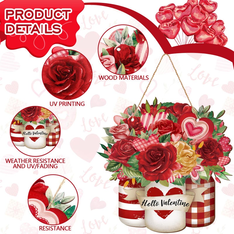 Menkxi Happy Valentine's Day Decoration for Front Door Wooden Valentines Door Hanger Red Pink Rose Wreath Sign Mason Jars Heart Wall Decor Valentines Wreath for Front Porch Home Outdoor Window Wall - Image 5