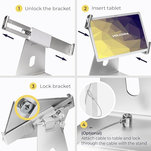 Volcora Anti-Theft Tablet Stand iPad Security Holder with Lock, Silver 10-13 Inch Kiosk Stand Mount, Swivel, Adjustable, for iPad Pro, Air, POS Register, Retail Business, Checkout, Cashier - Image 5