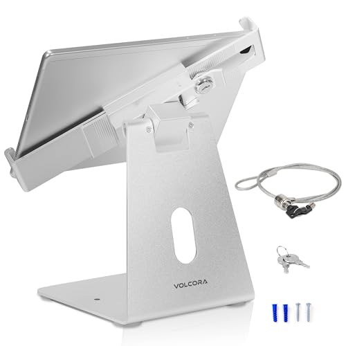 Volcora Anti-Theft Tablet Stand iPad Security Holder with Lock, Silver 10-13 Inch Kiosk Stand Mount, Swivel, Adjustable, for iPad Pro, Air, POS Register, Retail Business, Checkout, Cashier - Image 1