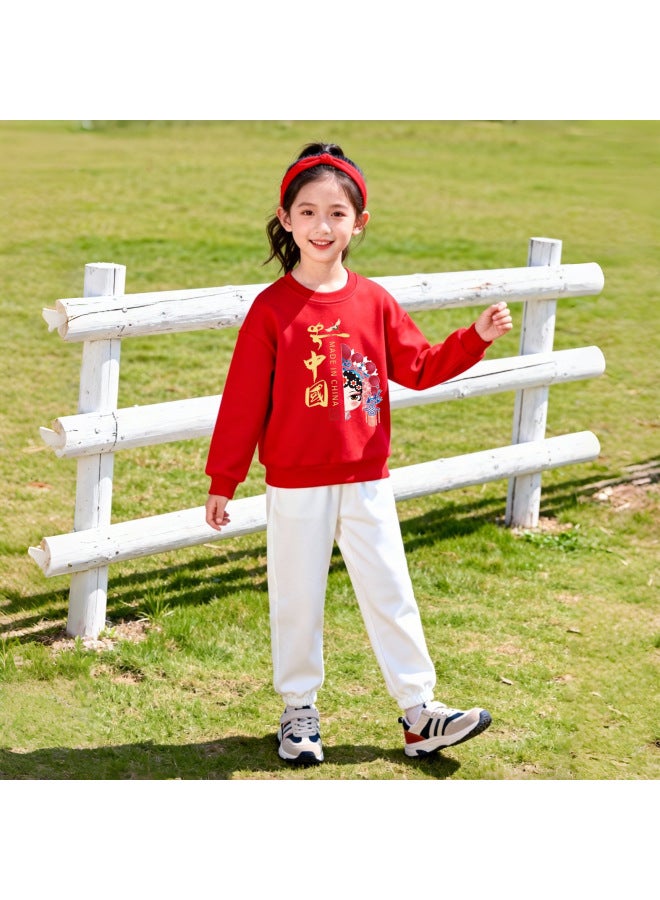 New Chinese-style Chinese Opera Mask Set, Red And White Children's Sweatshirt And Sports Pants For Primary And Middle School Students' Activities