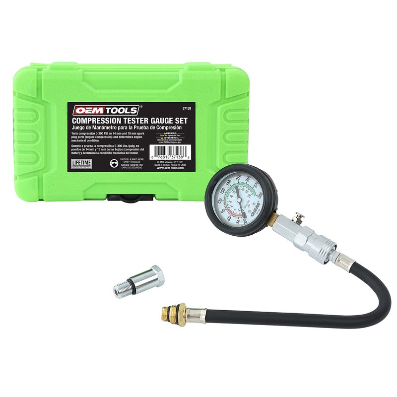 OEMTOOLS 37138 Compression Tester Gauge Set Compression Tester Automotive Engine Compression Tester with Flexible Hose 14mm and 18mm Adapters