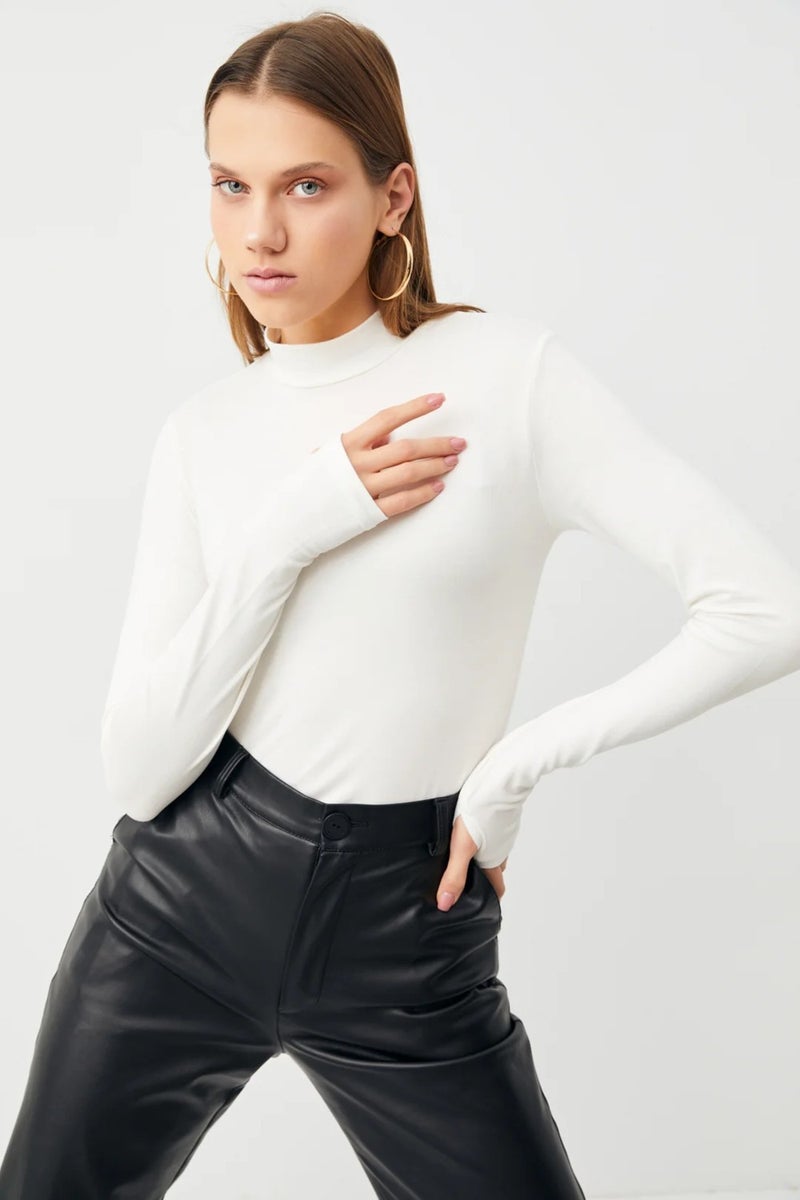 Yefra Store Women's White Finger Detailed Stand Collar Basic Bodysuit  - Image 4