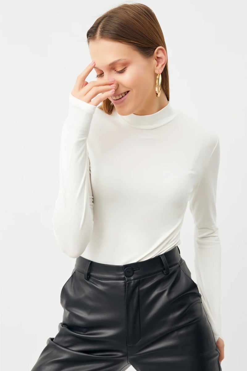 Yefra Store Women's White Finger Detailed Stand Collar Basic Bodysuit  - Image 3