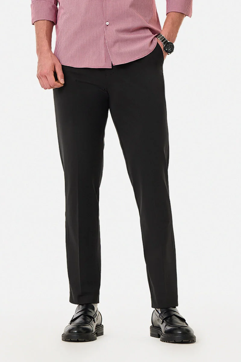 SNITCH Black Solid Regular Fit Casual Trousers