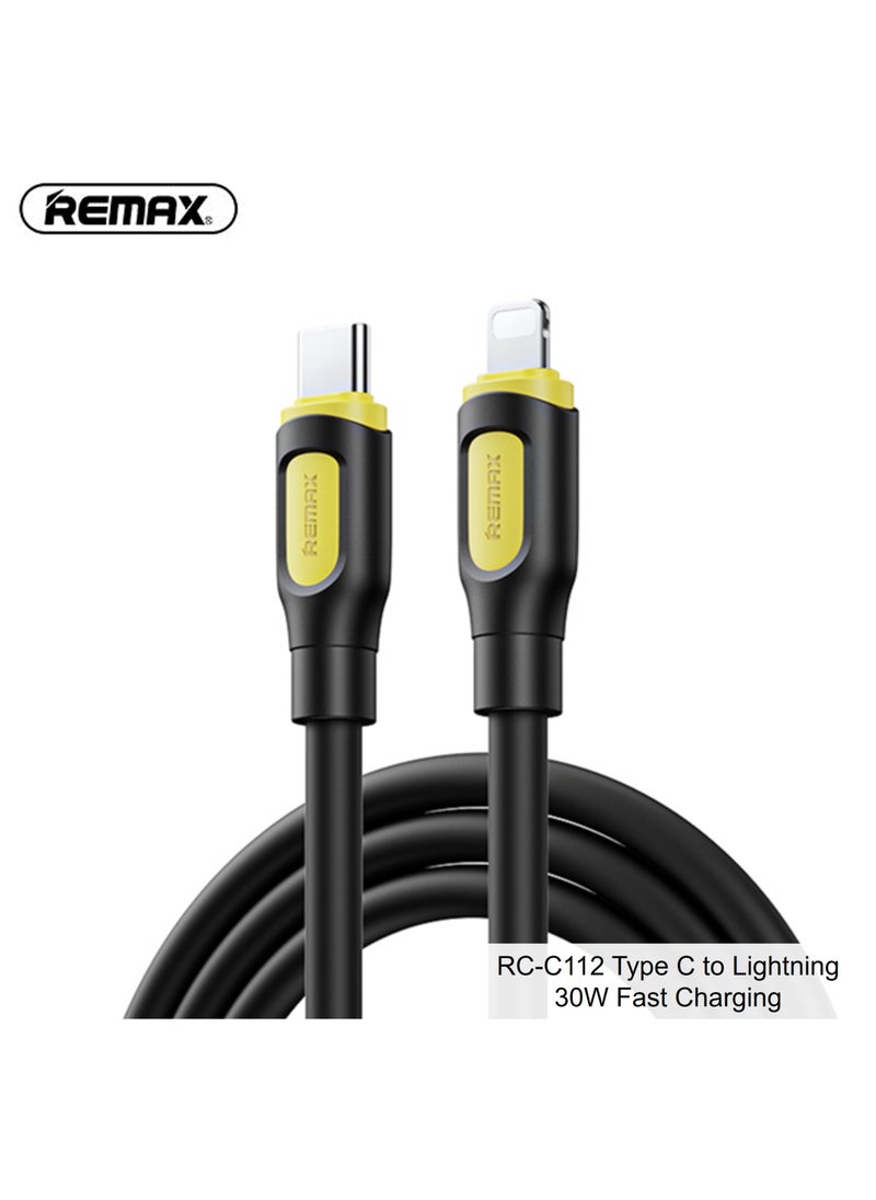 REMAX كابل شحن وبيانات من النوع C إلى Lightning من سلسلة Ruinay RC-C112، 1 متر، USB C، شحن سريع بقوة 30 وات، أسود، لهاتف iPhone 14 13 12 11 X Xs Pro، Pro Max، Plus، iPad  - Image 1