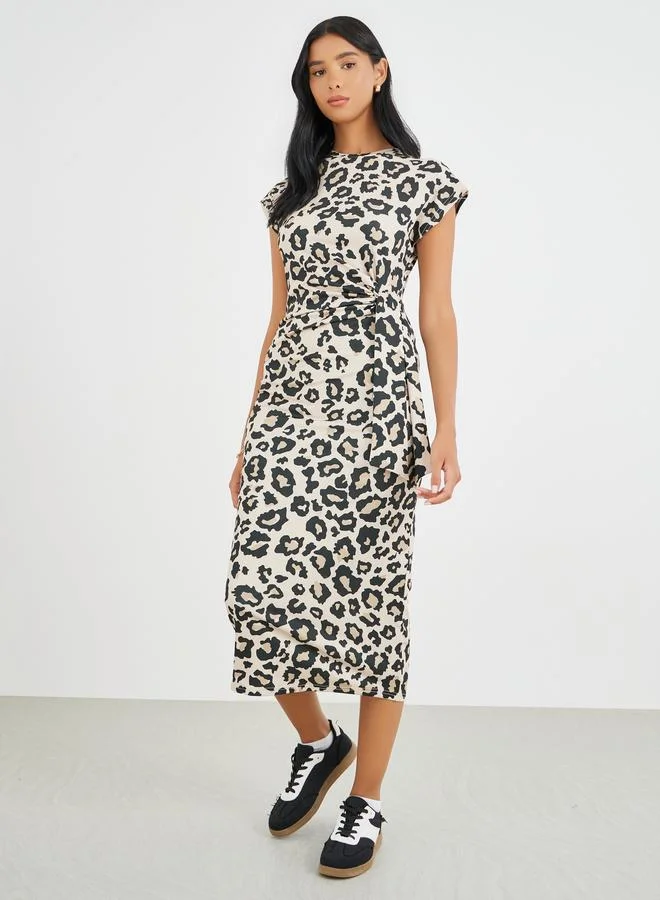 Take Two Take Two Leopard Print Round Neck Bodycon Maxi Dress