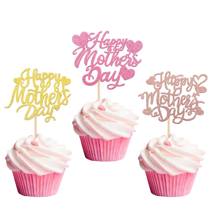 RSSTARXI 30 حزمة عيد أم سعيد Cupcake Topcake Glitter Heart Love الأم عيد ميلاد كب كيك يختار عمليات إزالة الأبعاد لأفضل أمي عشية عيد ميلاد عيد ميلاد سعيد اللوازم ذات الألوان المتعددة - Image 1