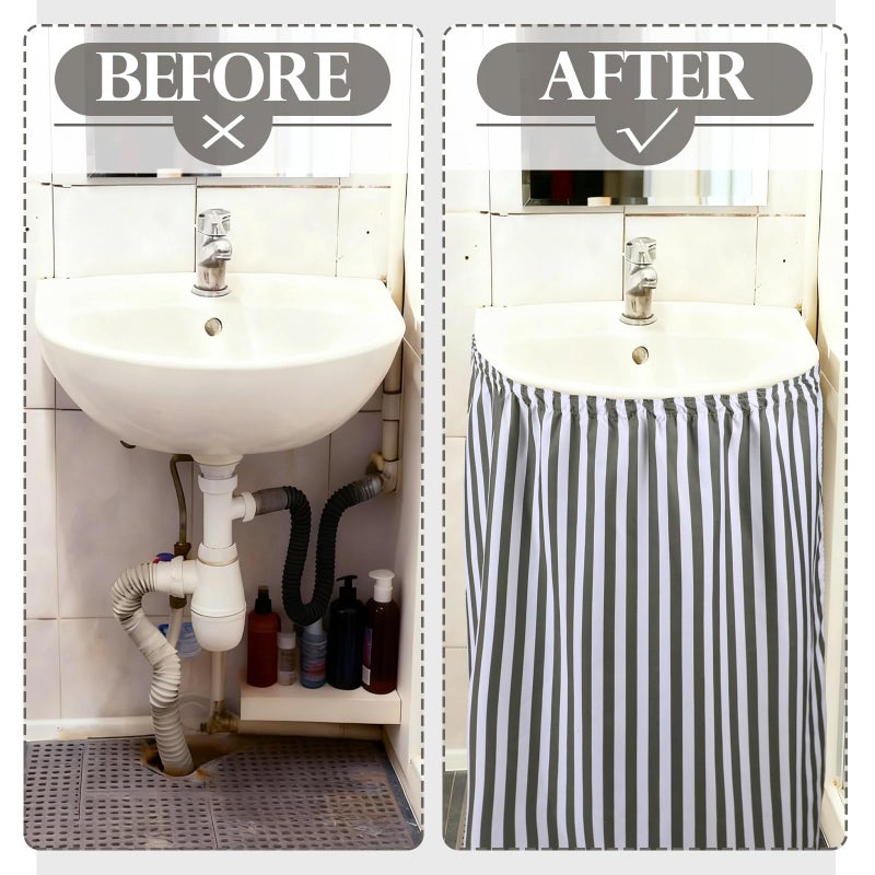 Hahafelt Sink Skirt Diamond Waterproof Fabric Bathroom 55 * 32in, Self Stick Adhesive Under Sink Curtain Skirt Adds Bathroom Storage Laundry Utility Room Decor(Stripe) - Image 2