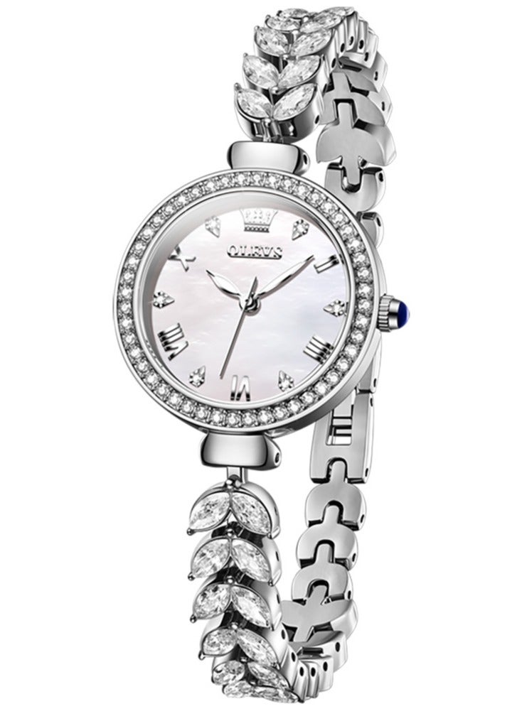أوليفز ساعة يد نسائية بقرص من عرق اللؤلؤ المرصع بالألماس، سوار فاخر بتصميم ذيل السمكة من الفولاذ المقاوم للصدأ، مقاومة للماء، مضيئة، بمرآة مطلية عالية الصلابة - Image 1
