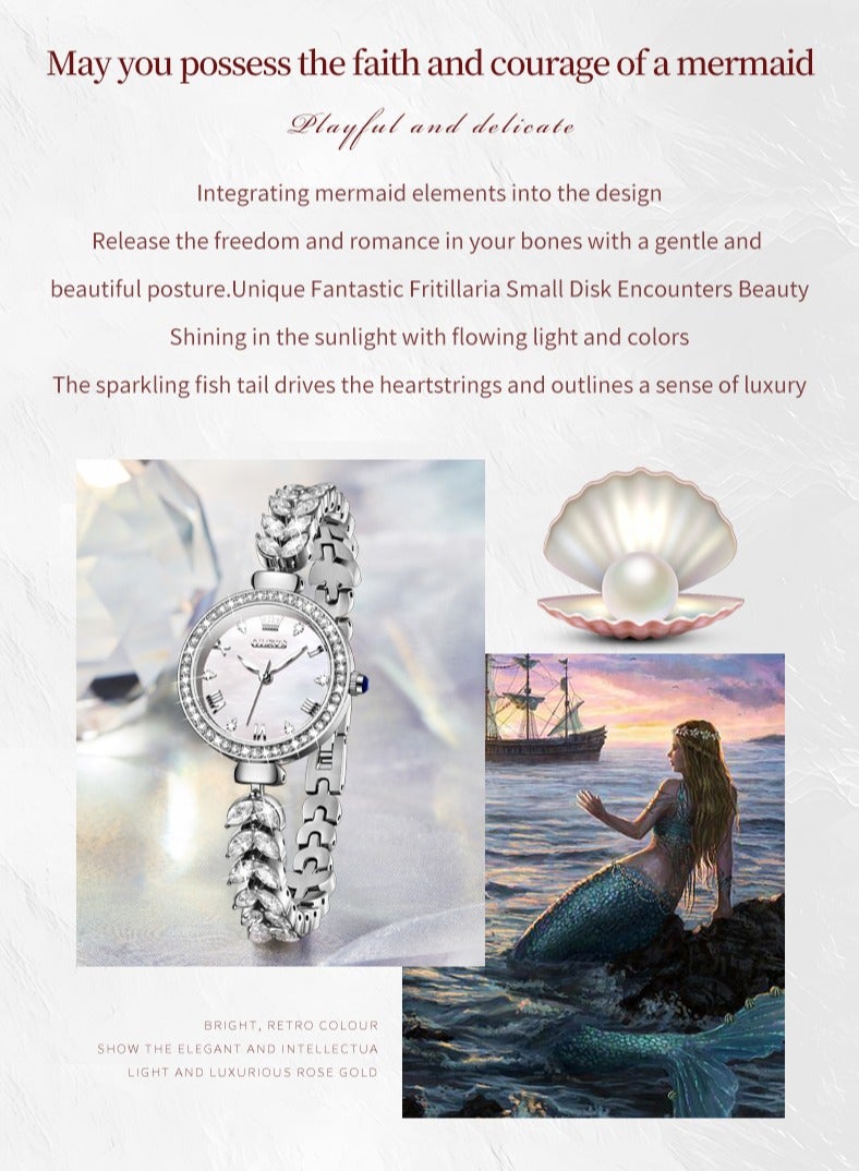 أوليفز ساعة يد نسائية بقرص من عرق اللؤلؤ المرصع بالألماس، سوار فاخر بتصميم ذيل السمكة من الفولاذ المقاوم للصدأ، مقاومة للماء، مضيئة، بمرآة مطلية عالية الصلابة - Image 2